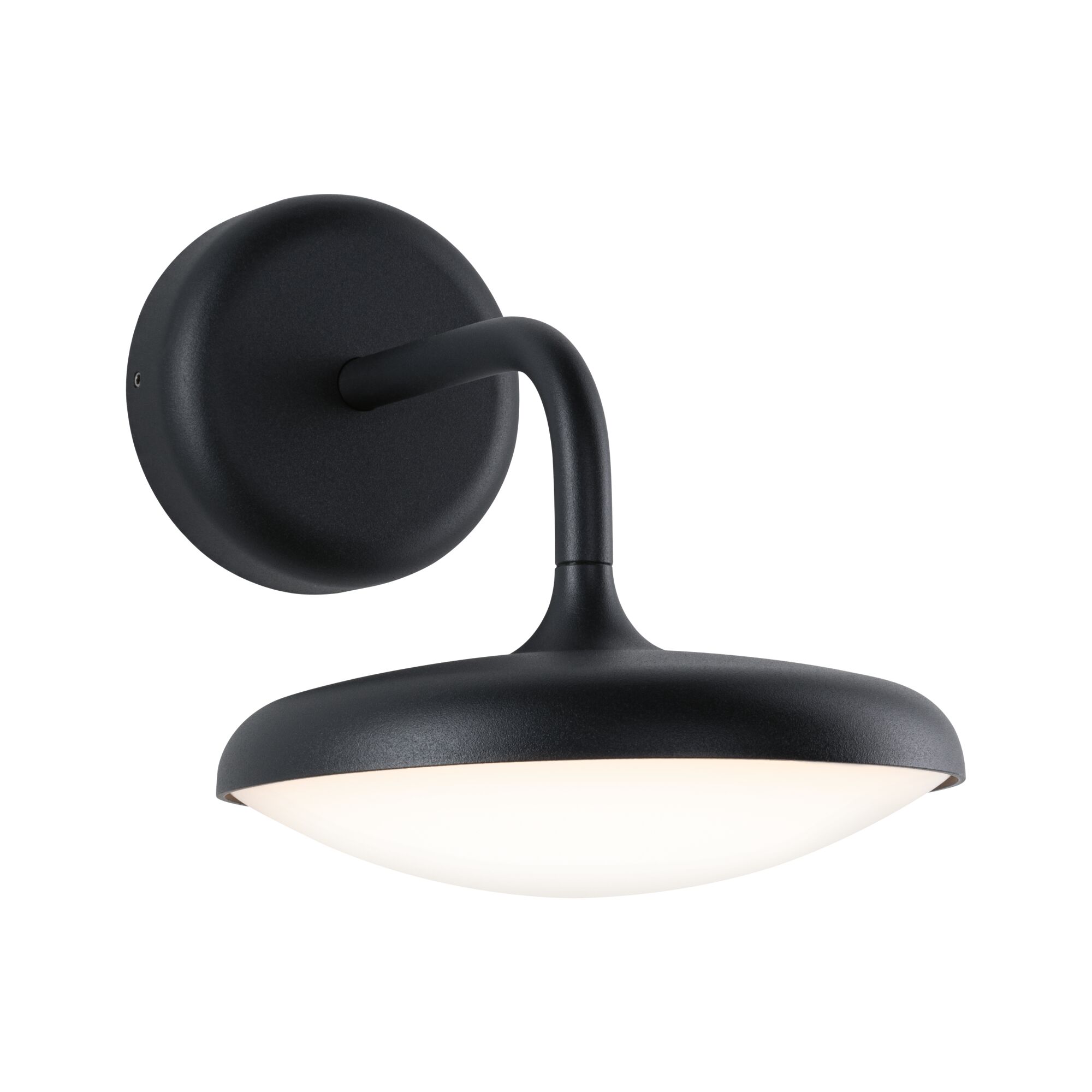 Schwarze Wandlampe aus Metall mit rundem, weißem Diffusor für modernes Wohnambiente