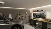 Moderne Garage mit grauem Auto, gelbem Fahrrad, Werkbank und LED-Wandbeleuchtung für Werkstatt.