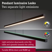 Black Lesko pendant luminaire with two light emissions, tunable white and RGBW colors, modern LED lighting