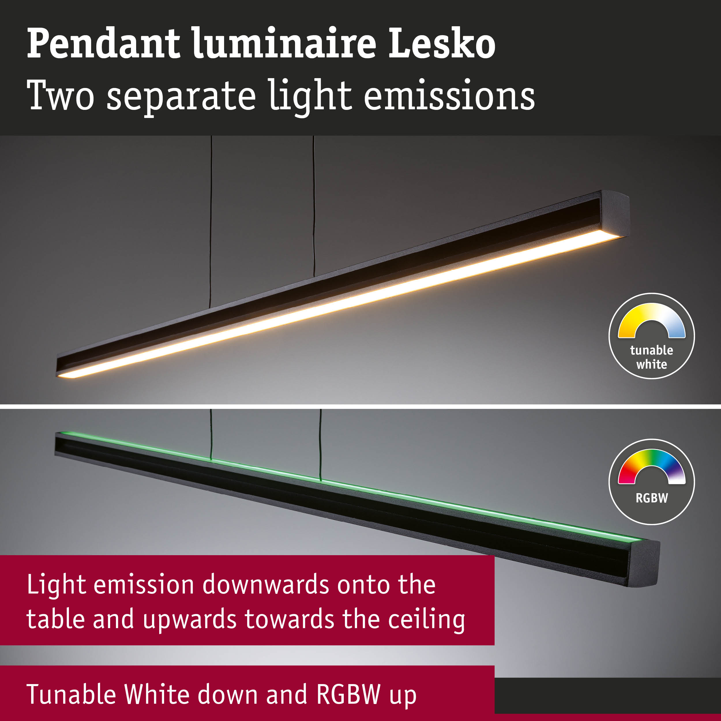 Black Lesko pendant luminaire with two light emissions, tunable white and RGBW colors, modern LED lighting