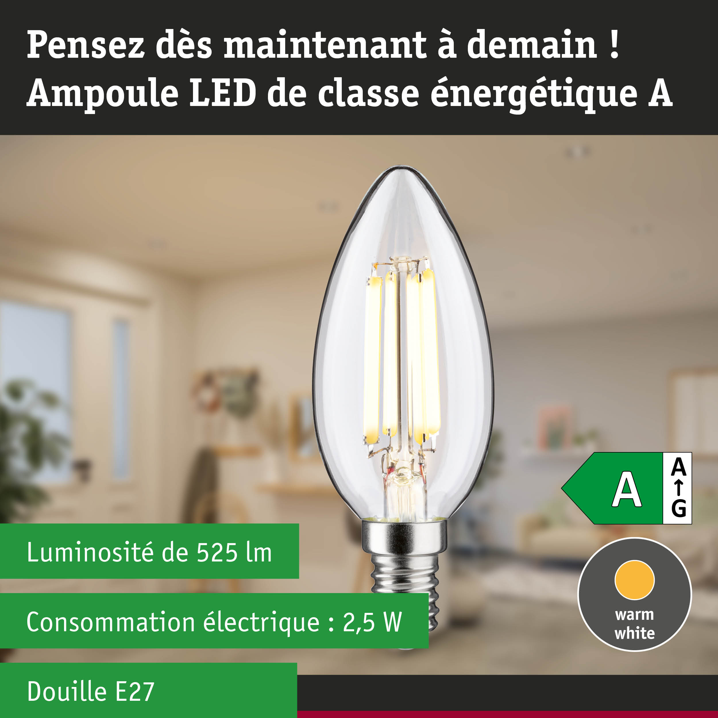 Ampoule LED en forme de bougie avec lumière blanc chaud et haute efficacité énergétique durable