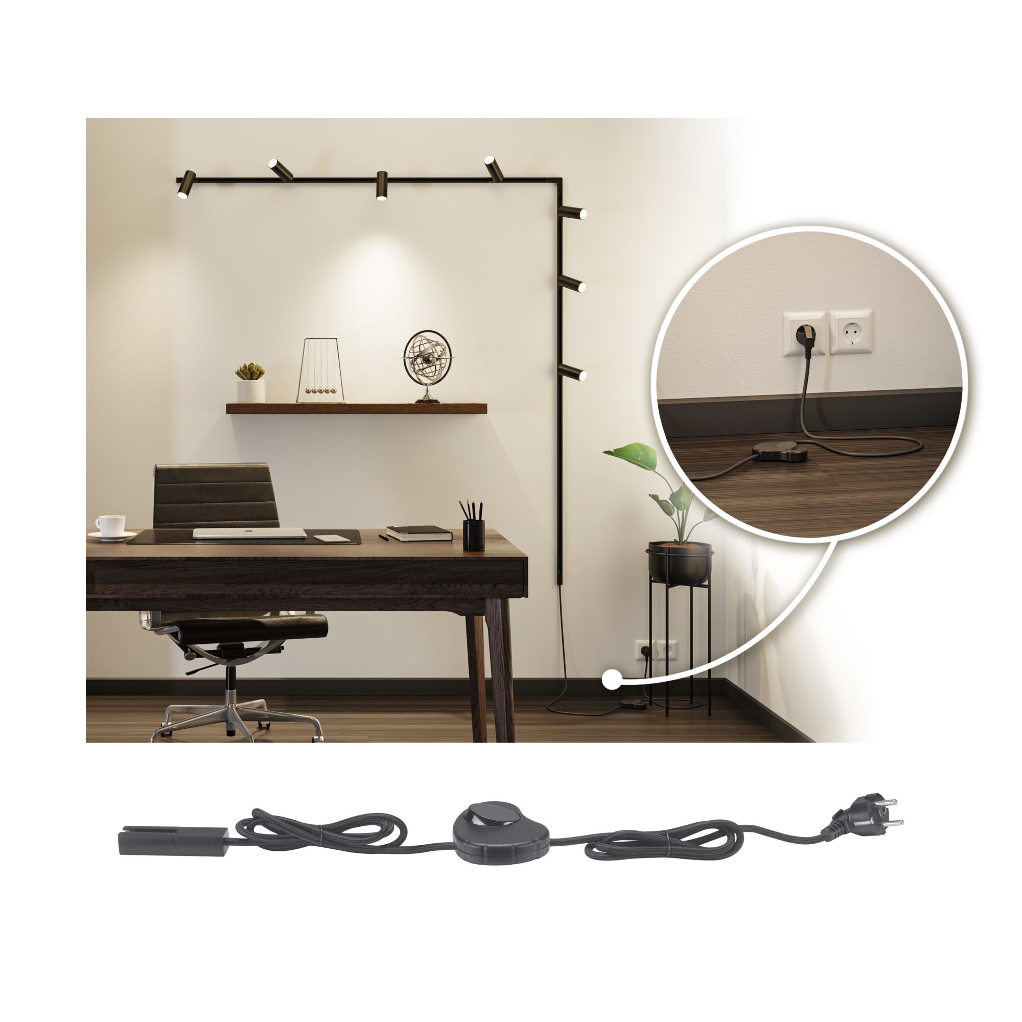 Schwarzes Kabel mit Dimmer und Stecker für LED-Schienenbeleuchtung im modernen Büro mit Holzschreibtisch.