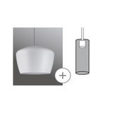 White glass pendant lamp with rounded shape and additional cylindrical attachment for living spaces