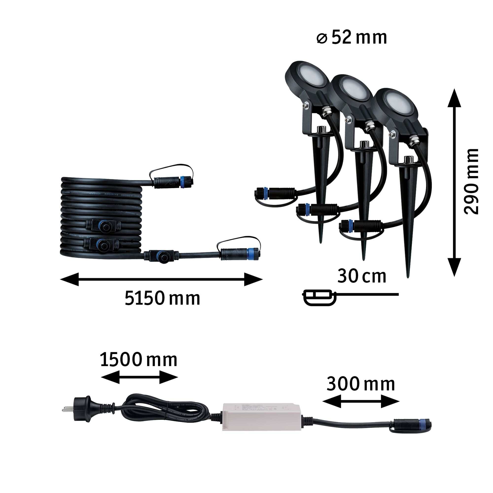 Schwarzes LED-Gartenlicht-Set mit Erdspießen, Kabeln und Netzteil, Maße und Anschlüsse dargestellt