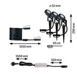 Schwarzes LED-Gartenlicht-Set mit Erdspießen, Kabeln und Netzteil, Maße und Anschlüsse dargestellt