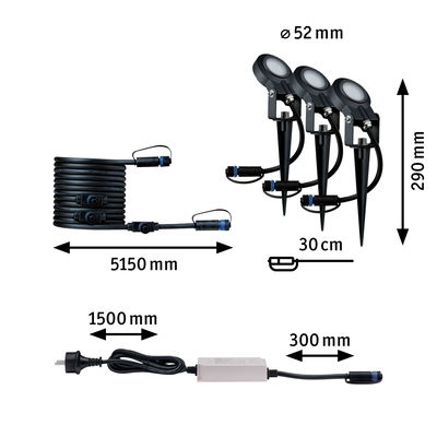 Schwarzes LED-Gartenlicht-Set mit Erdspießen, Kabeln und Netzteil, Maße und Anschlüsse dargestellt