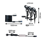 Schwarzes LED-Gartenlicht-Set mit Erdspießen, Kabeln und Netzteil, Maße und Anschlüsse dargestellt