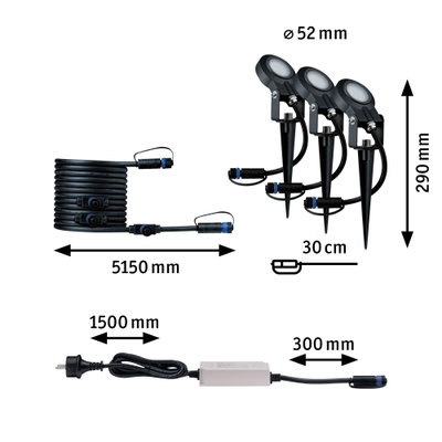 Schwarzes LED-Gartenlicht-Set mit Erdspießen, Kabeln und Netzteil, Maße und Anschlüsse dargestellt