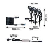 Ensemble de lampes LED de jardin noires avec piquets, câbles et alimentation, dimensions indiquées