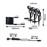 Ensemble de lampes LED de jardin noires avec piquets, câbles et alimentation, dimensions indiquées