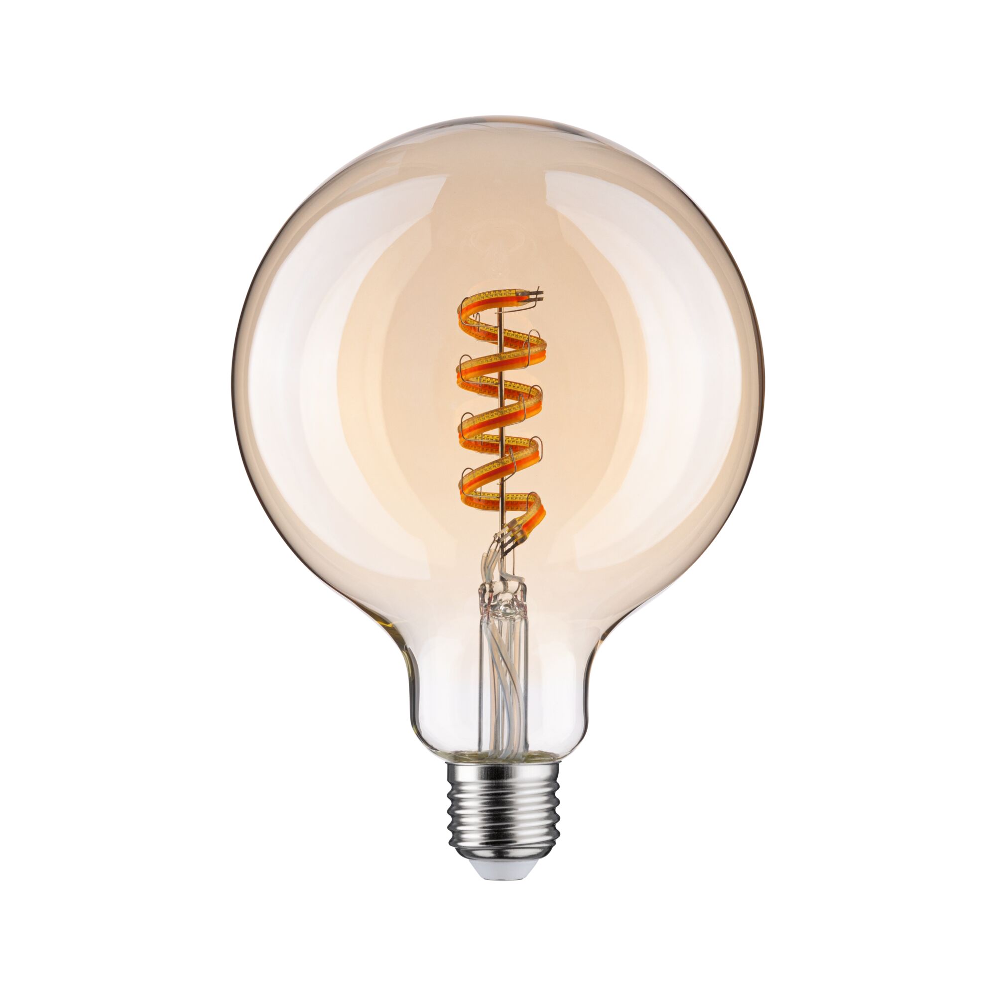 Large LED bulb with spiral orange filament and E27 base for decorative lighting and home use