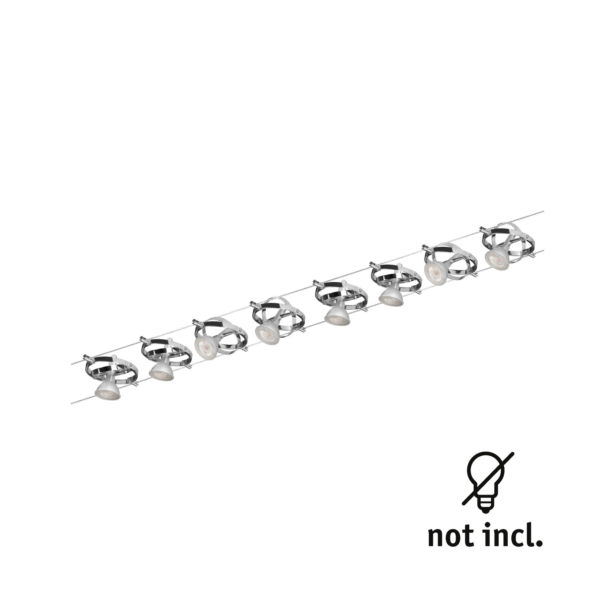 Moderne kabelspots met acht verstelbare chromen lampen, exclusief lichtbronnen.