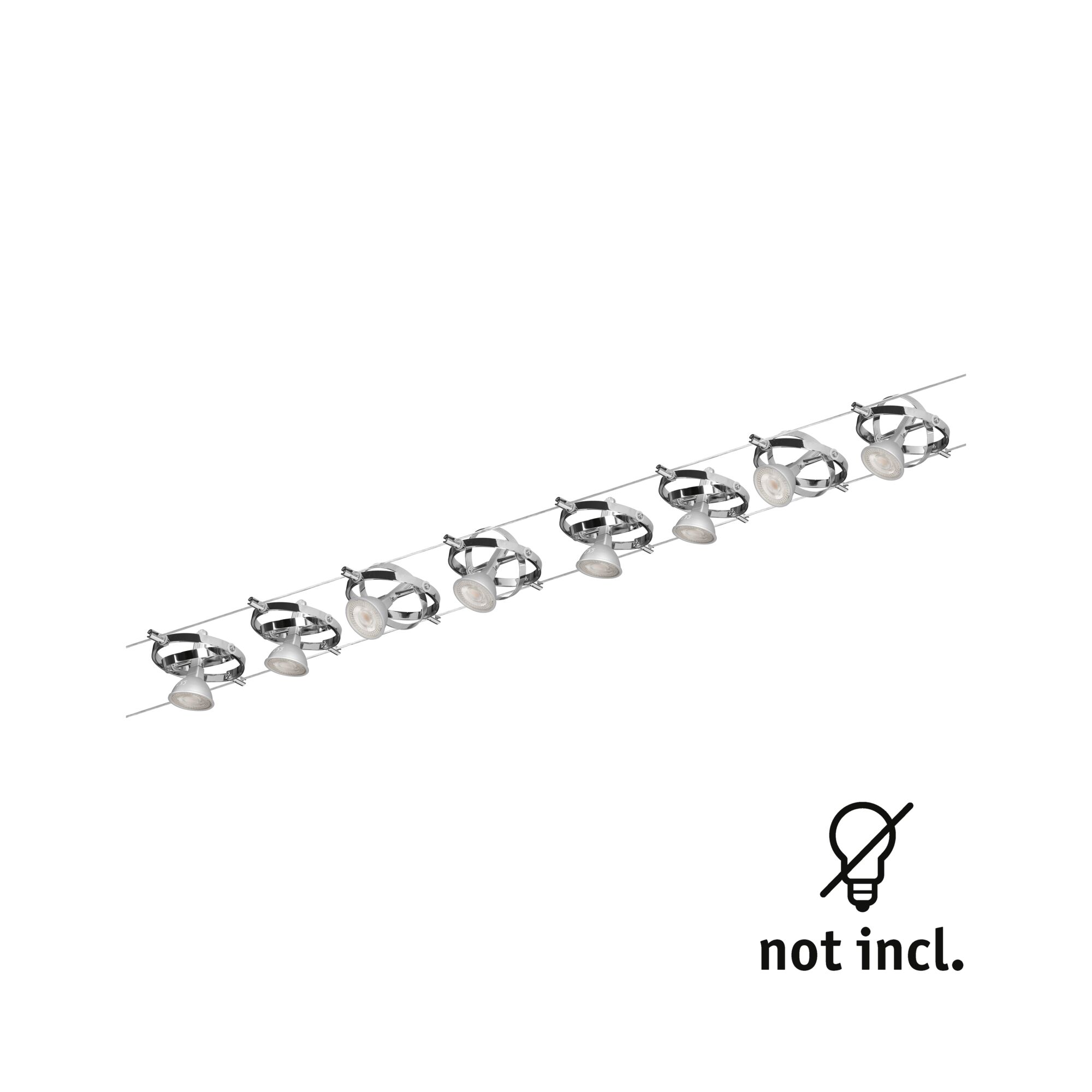 Modern cable system spotlight with eight adjustable chrome lamps, bulbs not included.