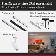 Système de rail URail avec rails en aluminium noir et blanc, alimentation électrique et spots pour éclairage LED personnalisable