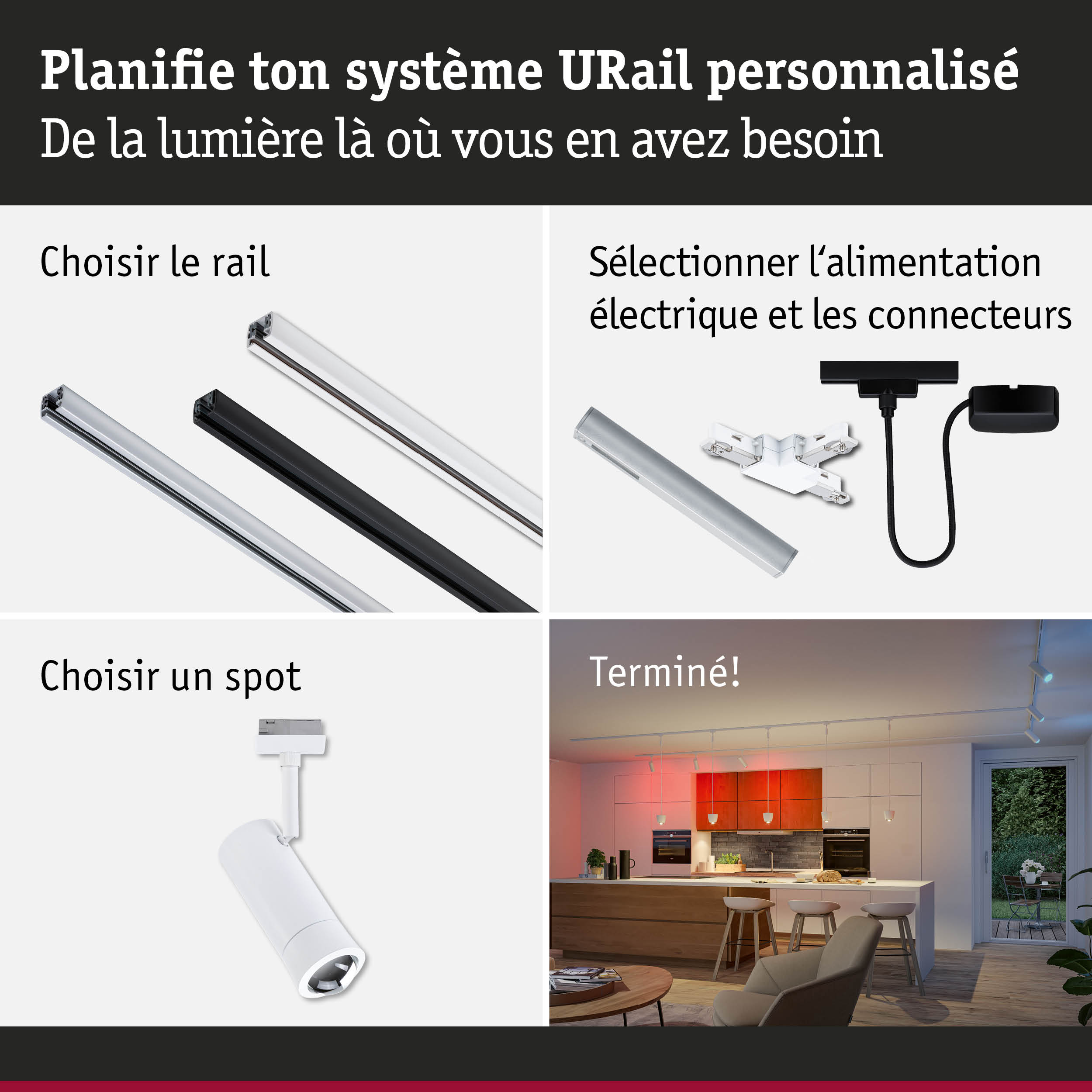 Système de rail URail avec rails en aluminium noir et blanc, alimentation électrique et spots pour éclairage LED personnalisable
