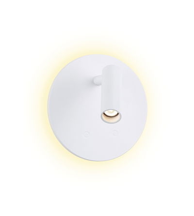 Round white LED wall light with adjustable spotlight and warm white glow for modern interiors
