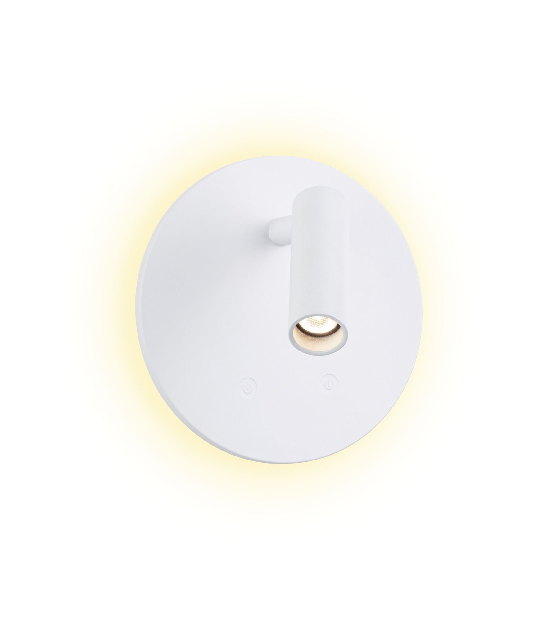 Runde weiße LED-Wandleuchte mit schwenkbarem Spot und warmweißem Licht für moderne Innenräume