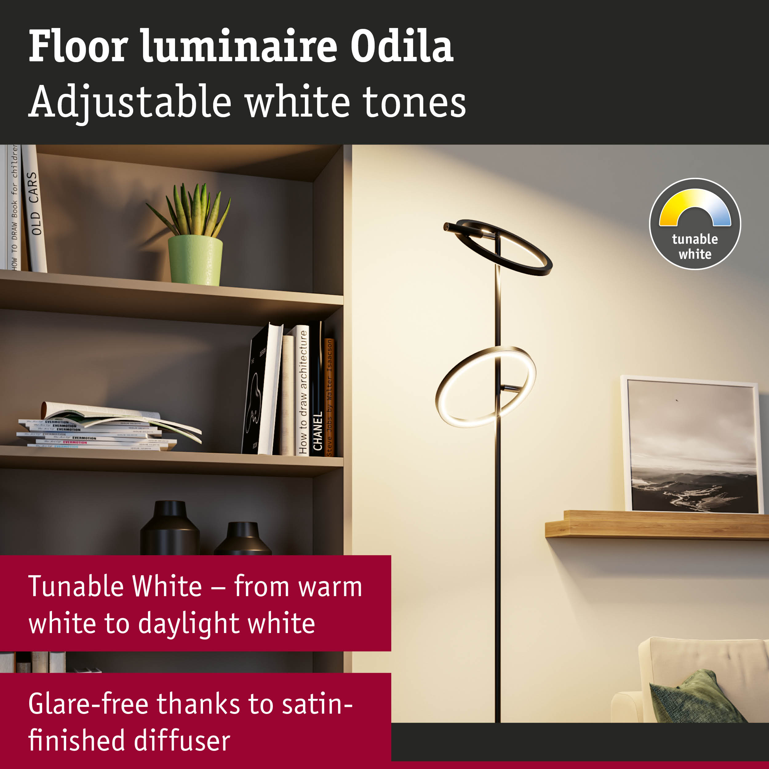 Odila black floor lamp with adjustable white tones for versatile living room lighting