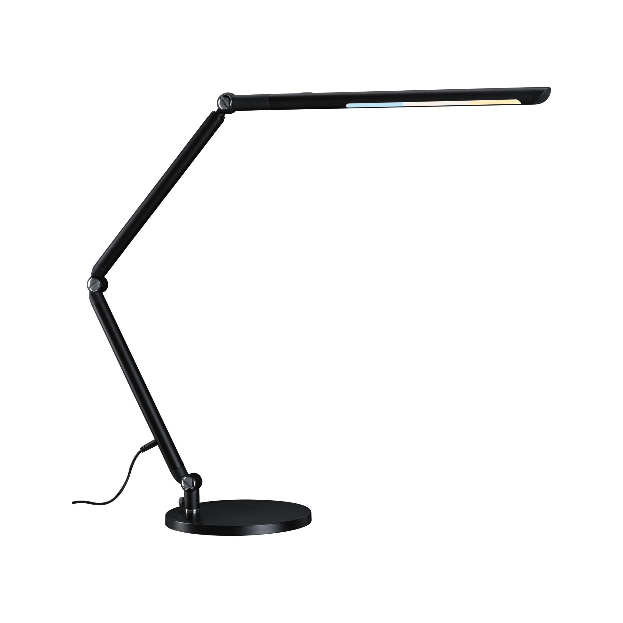 Schwarze LED-Schreibtischlampe aus Metall mit verstellbarem Arm und dimmbarer Lichtfarbe für Büro und Zuhause
