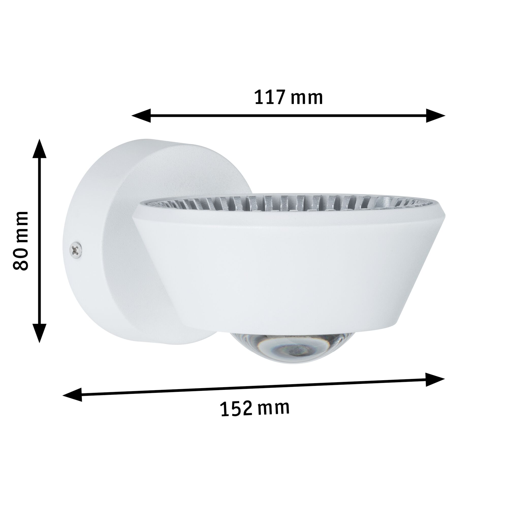 White metal LED wall spotlight measuring 152x117x80 mm for modern indoor lighting solutions