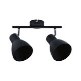 Zwarte metalen plafondlamp met twee verstelbare spots voor moderne verlichting.