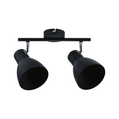 Zwarte metalen plafondlamp met twee verstelbare spots voor moderne verlichting.