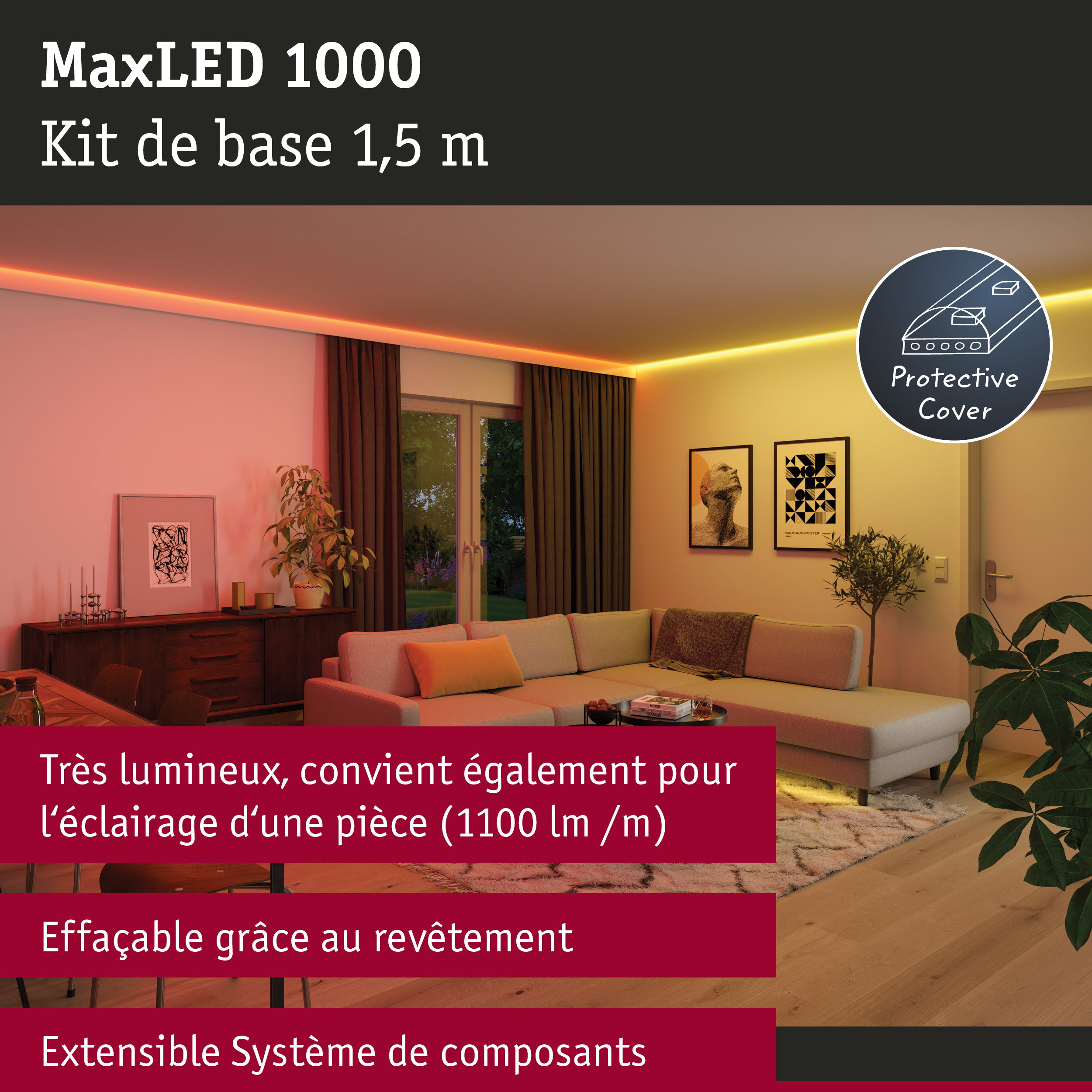 MaxLED 1000 bande LED 1,5 m avec protection dans un salon éclairé par lumière d'ambiance