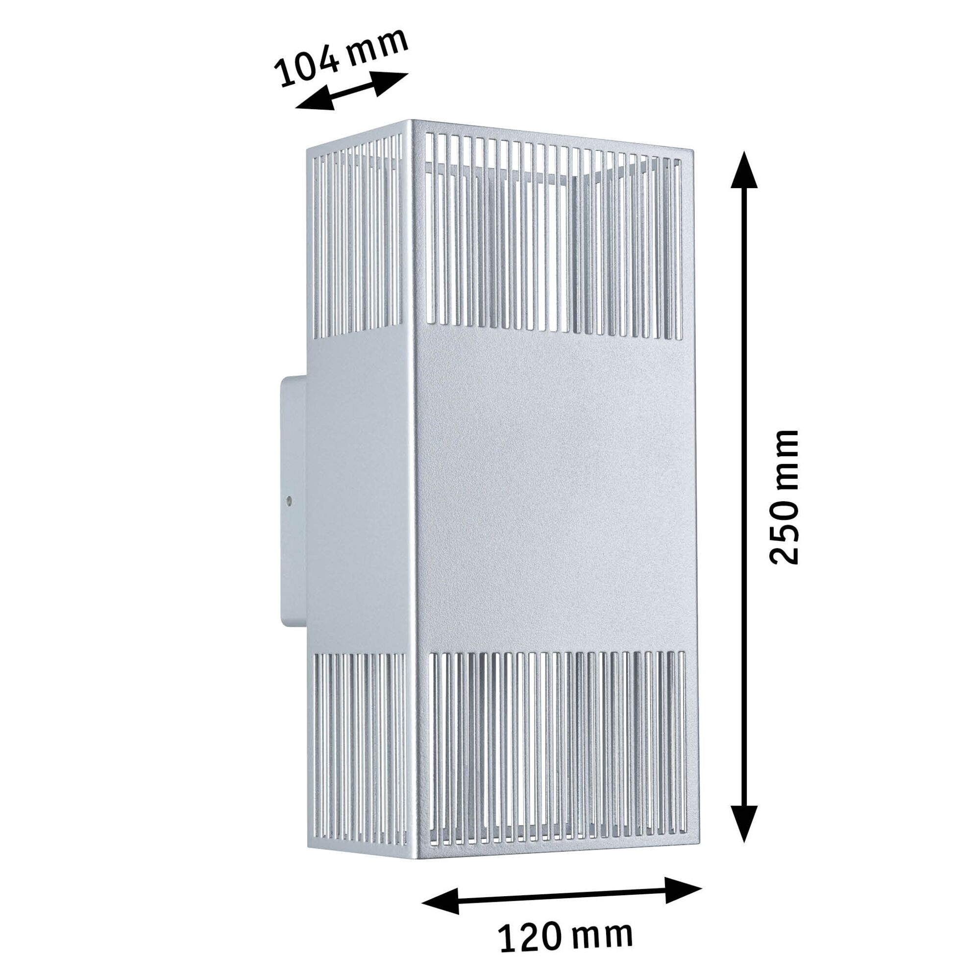Modern silver aluminium wall light with slats measuring 250x120x104 mm for indoor lighting