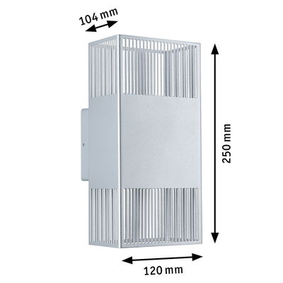 Modern silver aluminium wall light with slats measuring 250x120x104 mm for indoor lighting