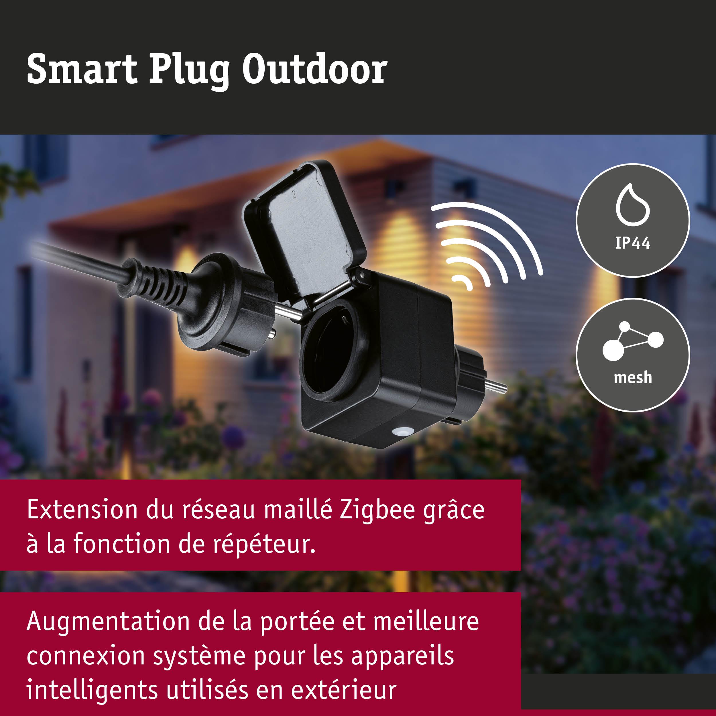 Prise intelligente extérieure noire en plastique IP44 pour étendre le réseau maillé Zigbee des appareils connectés