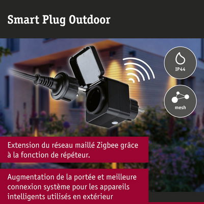 Prise intelligente extérieure noire en plastique IP44 pour étendre le réseau maillé Zigbee des appareils connectés