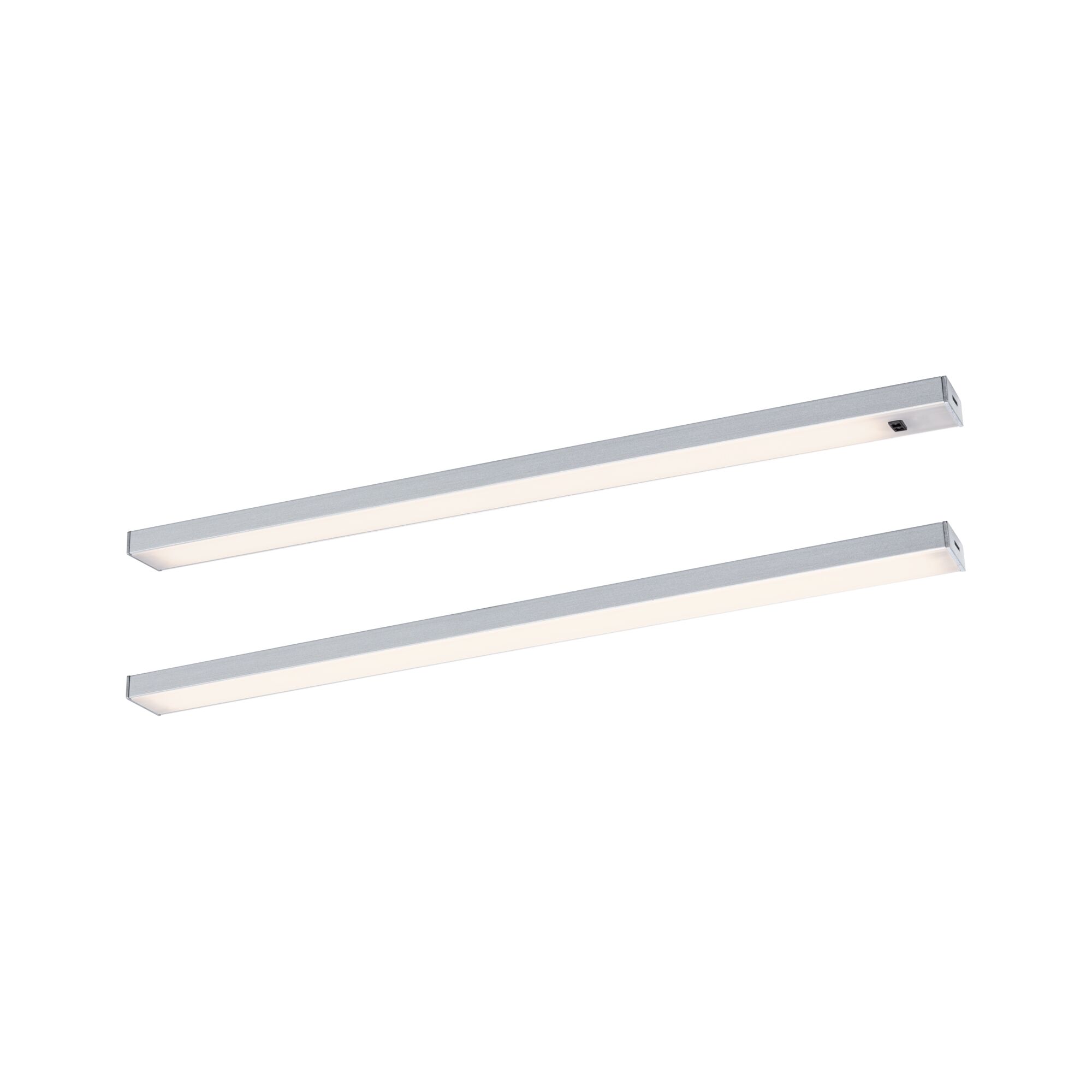 LED Unterschrankleuchte Inline Starterset 3000K dimmbar 2x4W 350x26mm 2x350lm 230/24V Chrom matt Zwei schlanke LED-Leisten aus Aluminium in Silber mit warmweißem Licht für moderne Raumbeleuchtung