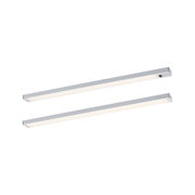Zwei schlanke LED-Leisten aus Aluminium in Silber mit warmweißem Licht für moderne Raumbeleuchtung