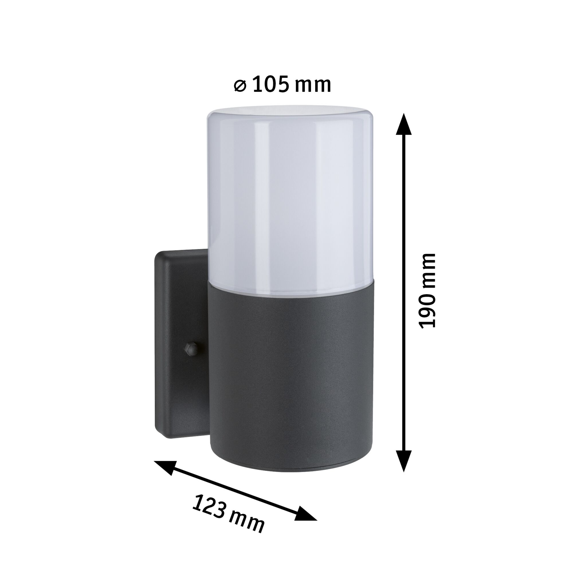 Black outdoor wall light with white glass, 190 mm height, 105 mm diameter, modern LED exterior lighting