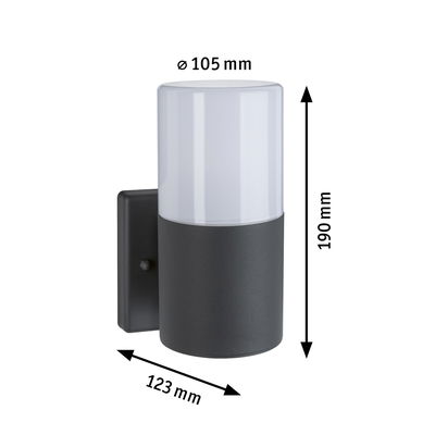 Black outdoor wall light with white glass, 190 mm height, 105 mm diameter, modern LED exterior lighting