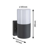 Black outdoor wall light with white glass, 190 mm height, 105 mm diameter, modern LED exterior lighting