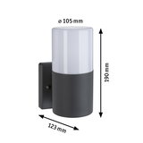 Black outdoor wall light with white glass, 190 mm height, 105 mm diameter, modern LED exterior lighting