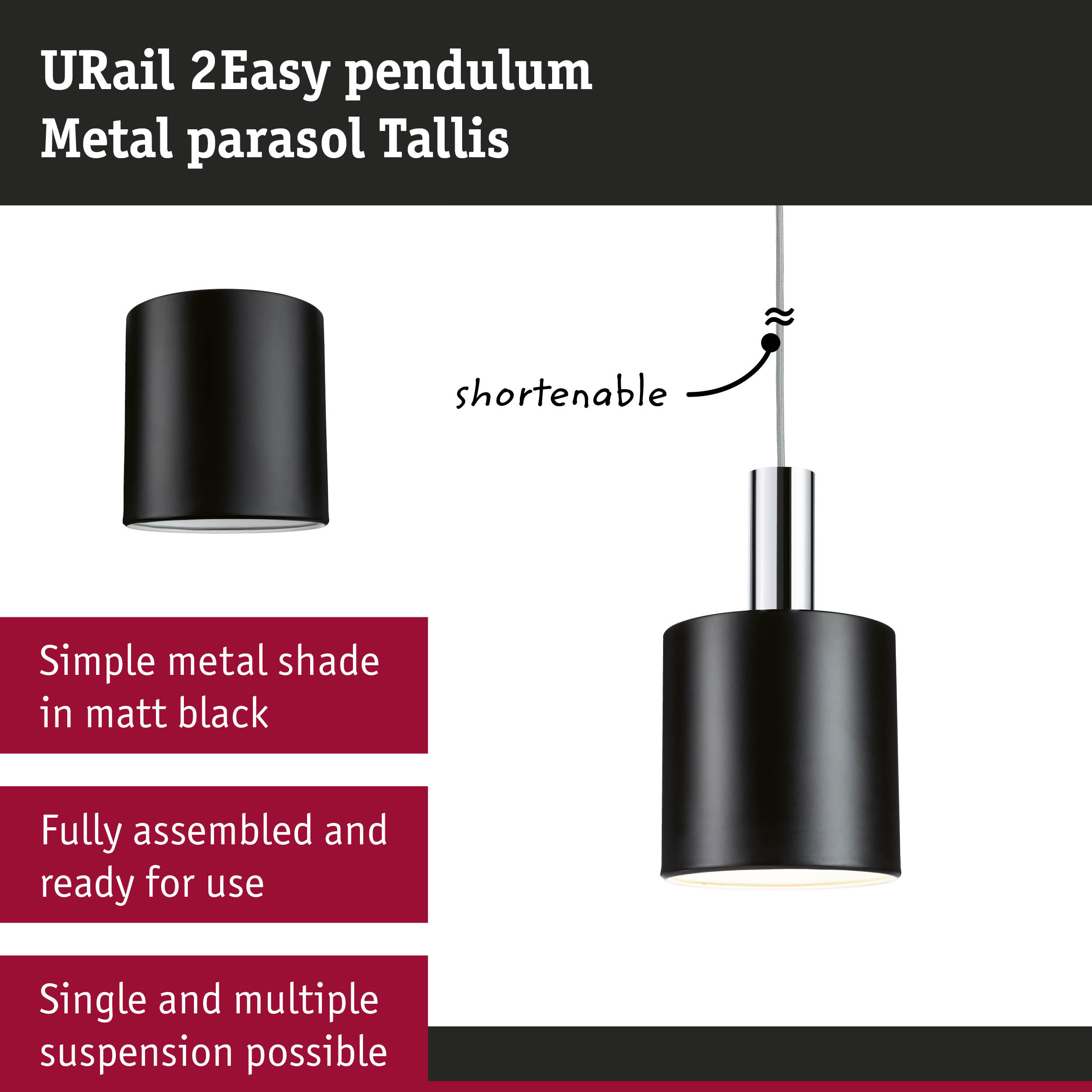 Matt black metal shade of URail 2Easy pendant light with shorten cable for adjustable interior lighting