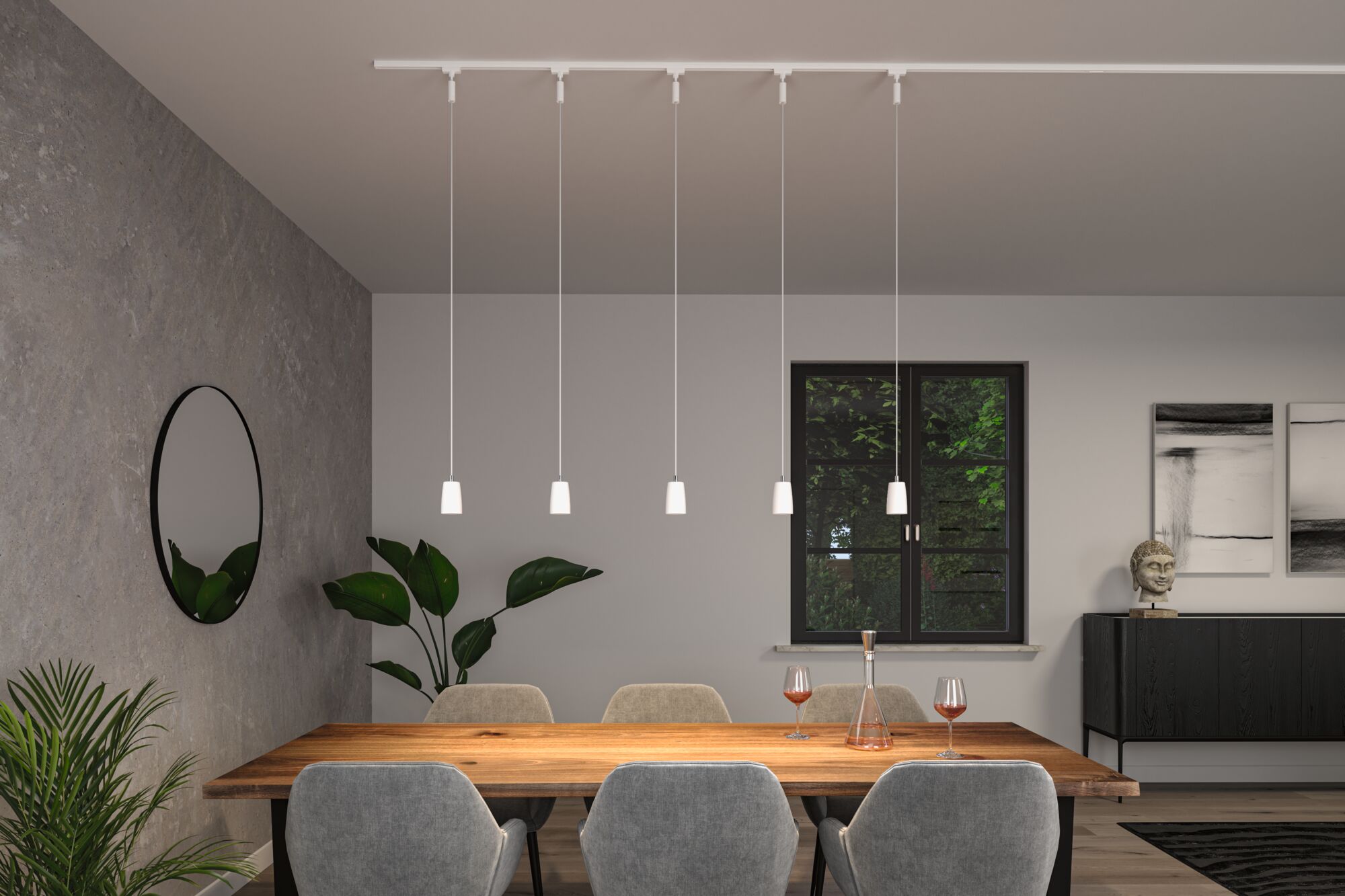 Modern dining area with wooden table, grey chairs, and five white pendant lights on white ceiling