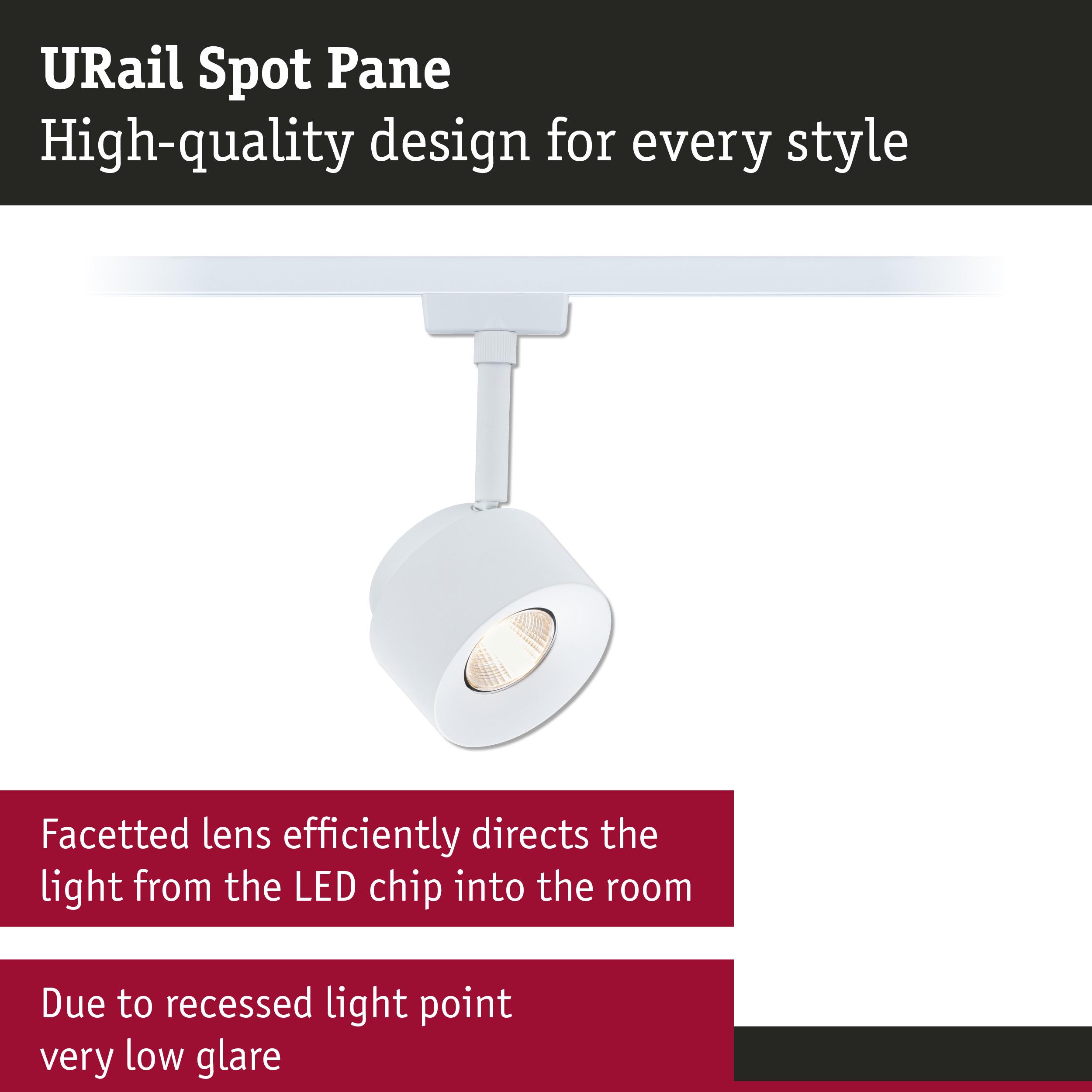 White URail Spot Pane LED spotlight with facetted lens for low-glare room lighting
