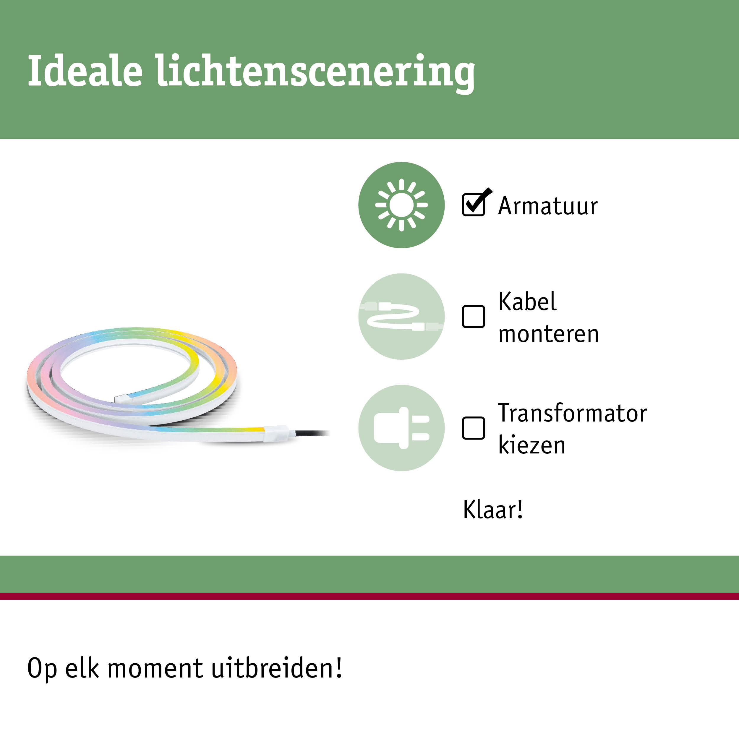 Kleurrijke flexibele LED-lichtstrip met eenvoudige montage zonder kabelmontage, ideaal voor aangepaste verlichting