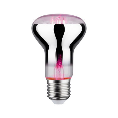 Reflective light bulb with silver base and pink filament for decorative lighting use