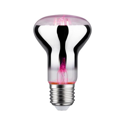 Reflektierende Glühbirne mit silbernem Sockel und rosa Lichtfaden für dekorative Beleuchtung