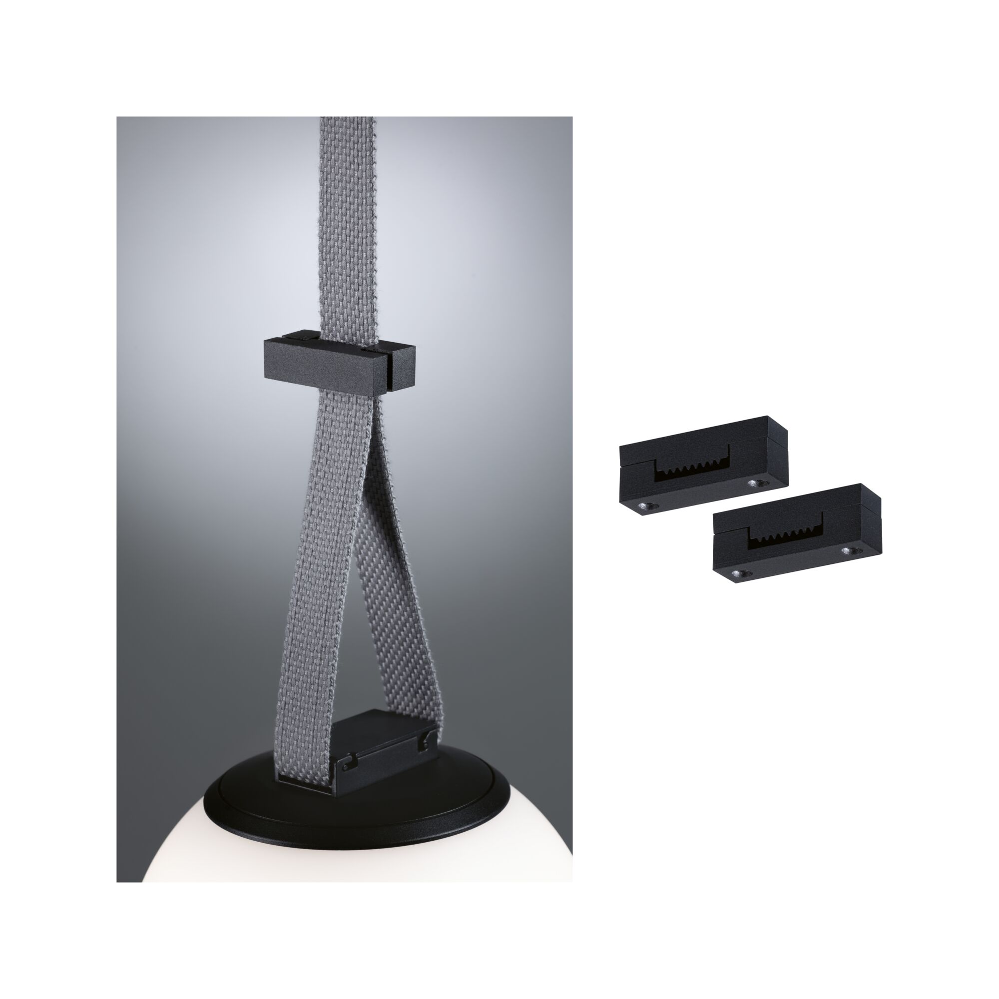 ULine Toebehoren Riemklem Set van 2 Zwart Zwarte kunststof klemhouders voor grijze textielband aan moderne hanglamp, verlichtingsaccessoire