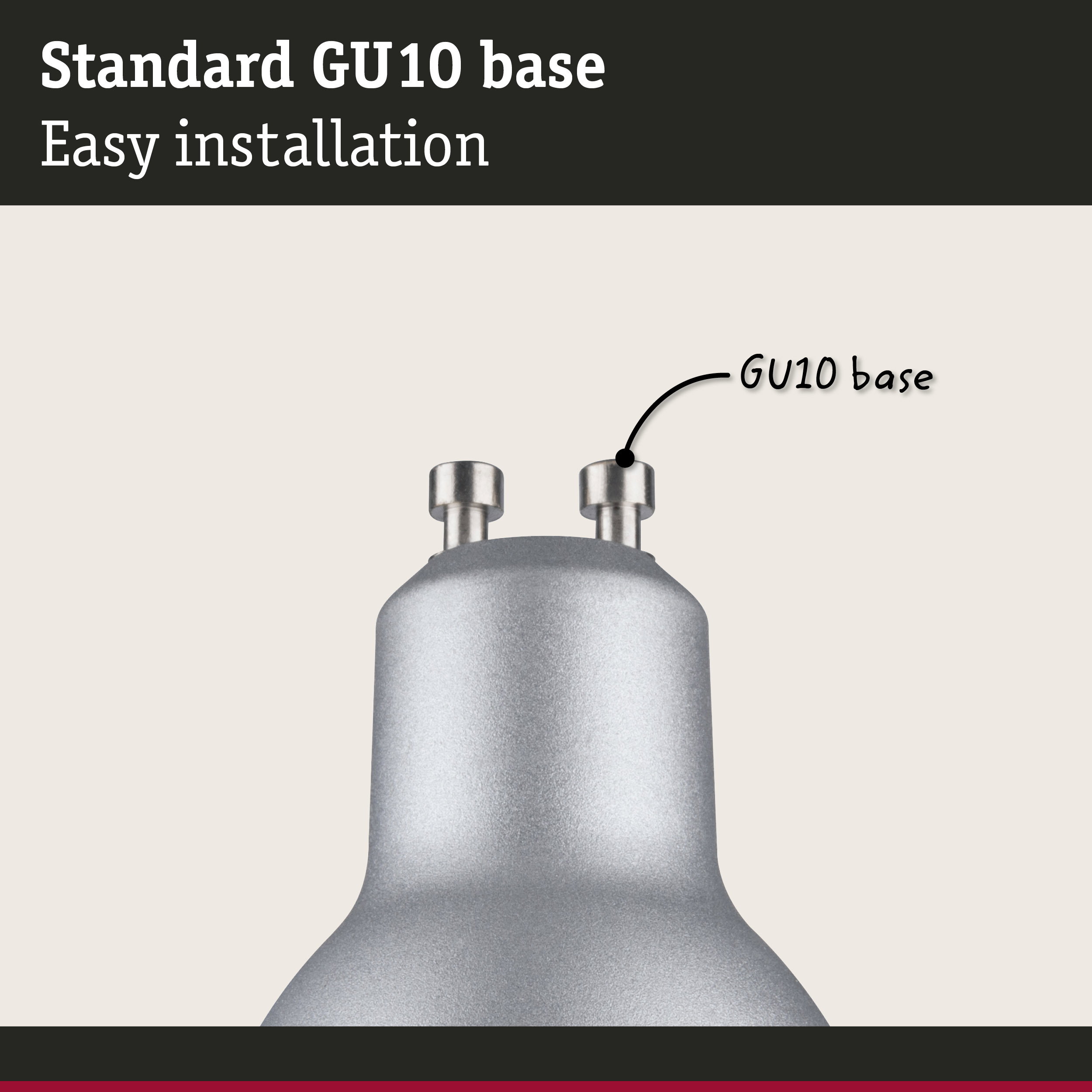 Close-up of silver metal GU10 lamp base designed for easy installation