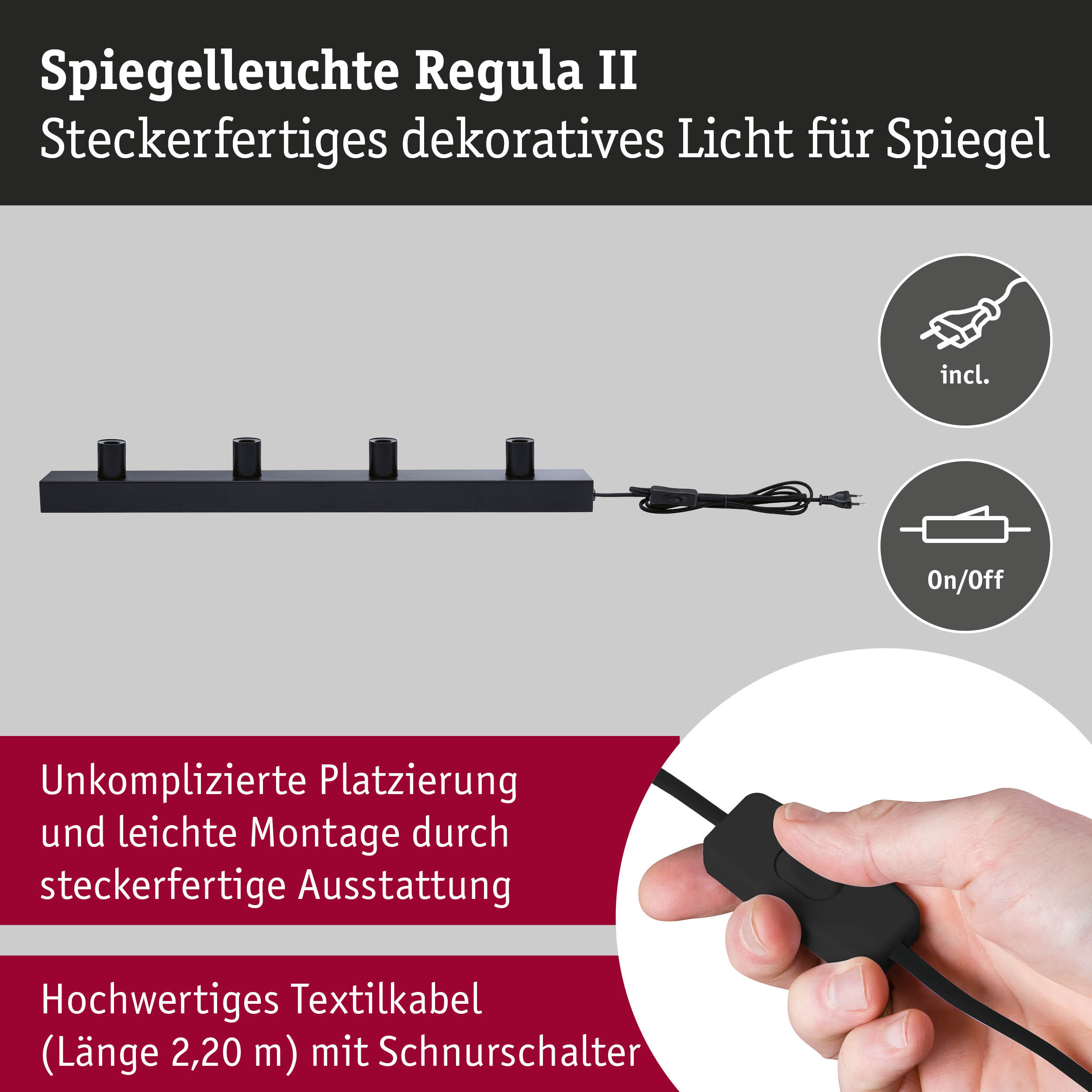 Schwarze Spiegelleuchte Regula II aus Metall mit vier Fassungen und Textilkabel mit Schalter
