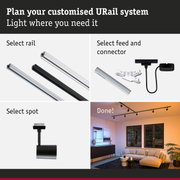 Modular URail aluminium rail system in black and white for flexible LED lighting solutions.