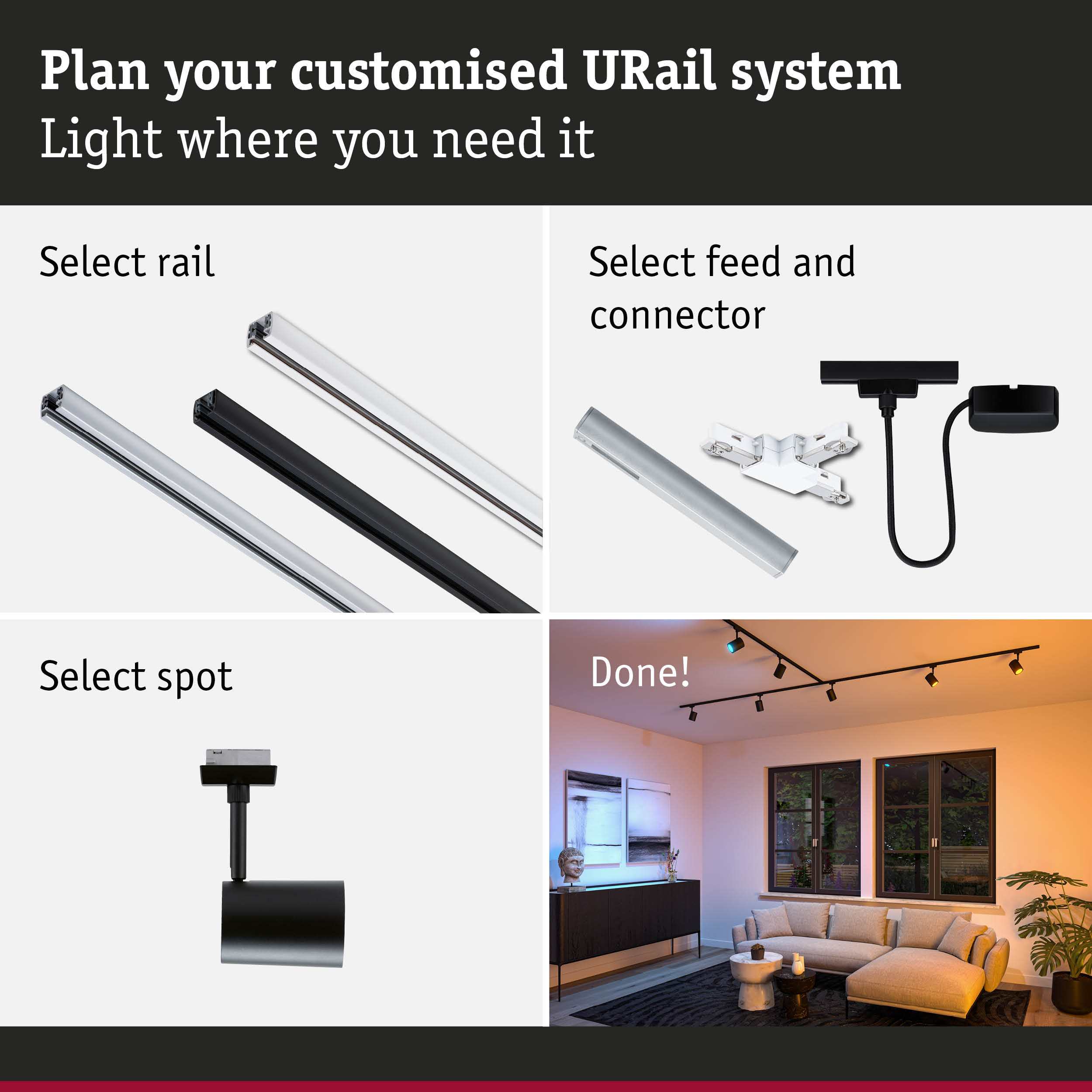 Modular URail aluminium rail system in black and white for flexible LED lighting solutions.