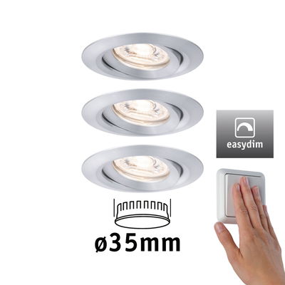 Three silver metal recessed spotlights 35mm diameter with EasyDim feature for adjustable lighting.