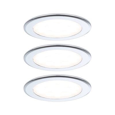 Tre hvide runde LED-indbygningslamper med aluminiumsramme til energieeffektiv belysning